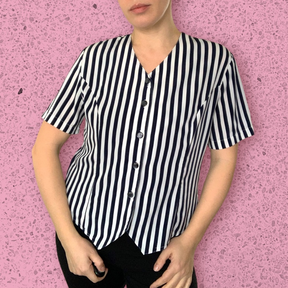 Vintage 1990s Christie & Jill Navy Blue and White Striped Short Sleeve Blouse
